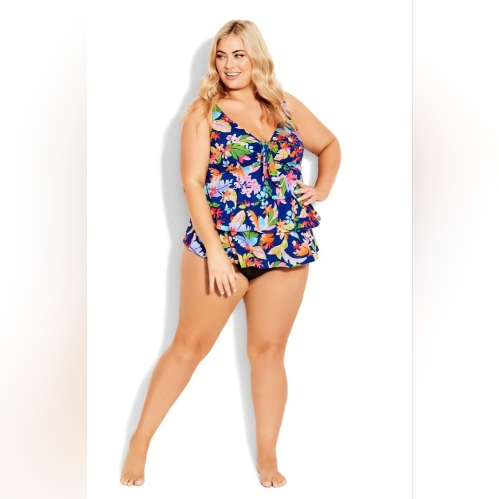 NWT Avenue Ruffled Print Tankini Top Bora Bora Tropical Tiered Swimsuit Size 20